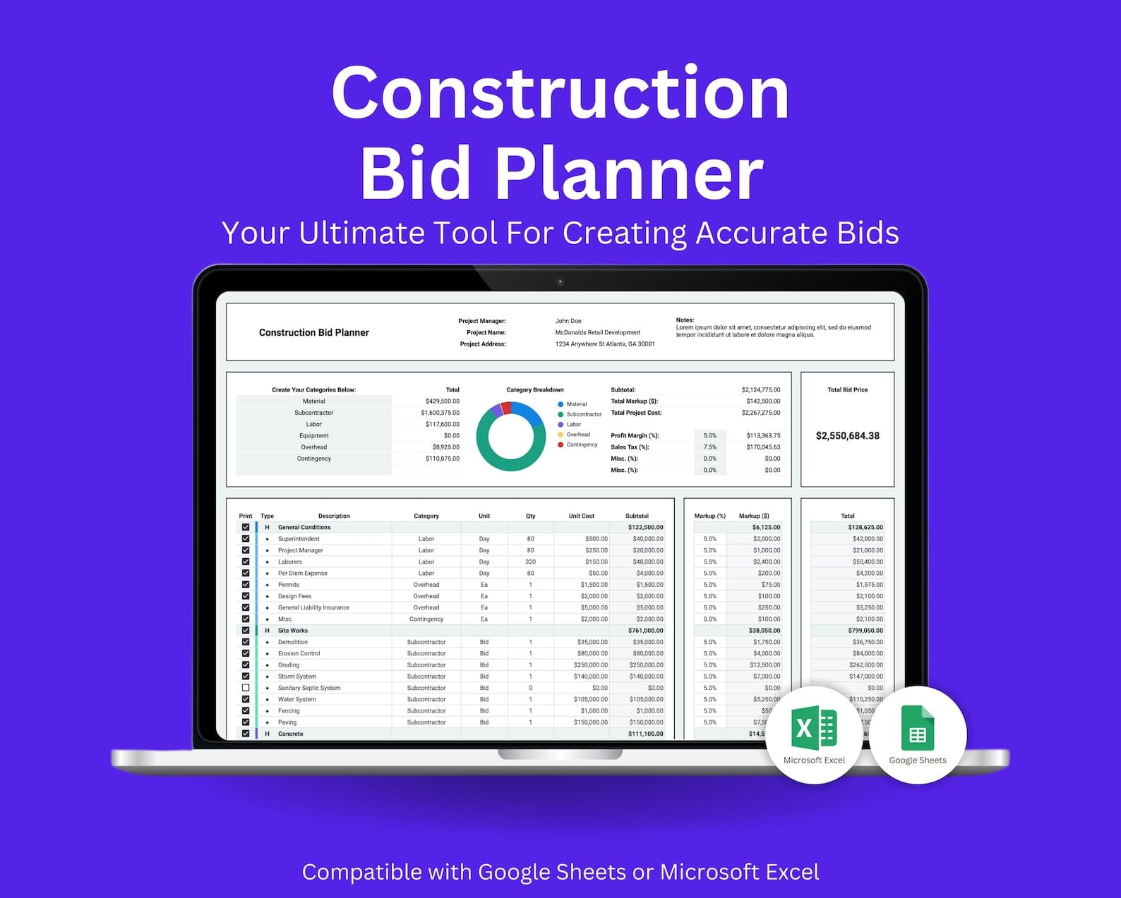 Construction Bid and Estimate Planner Spreadsheet